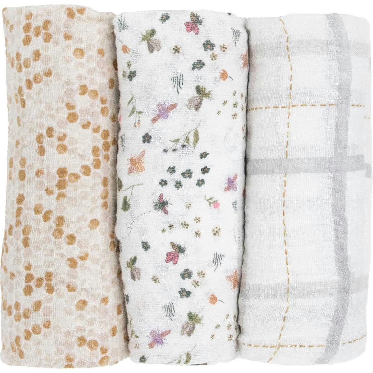 Cotton Muslin Swaddle Blanket 3 Pack - Garden Bees