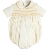 Hand Smocked Gold Embroidered Short Sleeve Romper in Ivory (3mths-2yrs)
