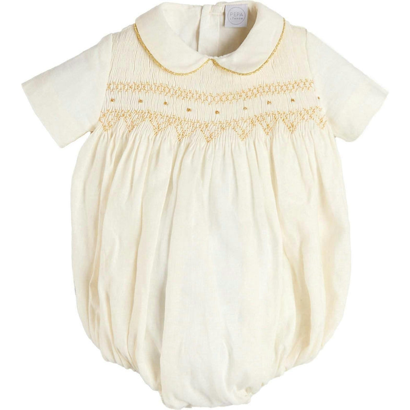 Hand Smocked Gold Embroidered Short Sleeve Romper in Ivory (3mths-2yrs)