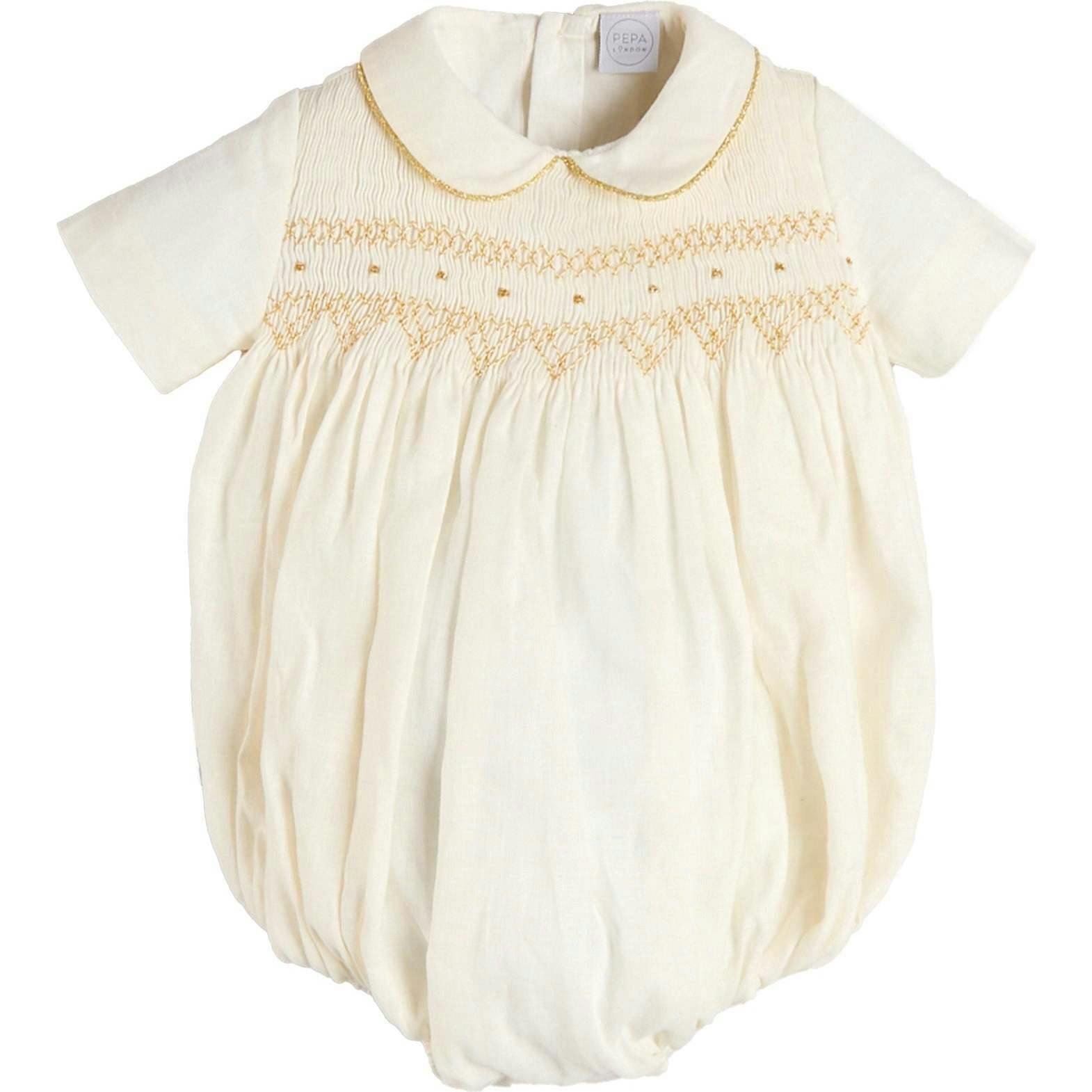 Hand Smocked Gold Embroidered Short Sleeve Romper in Ivory (3mths-2yrs)
