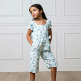 Linen Puff Sleeve Smocked Waist Jumpsuit, Blue