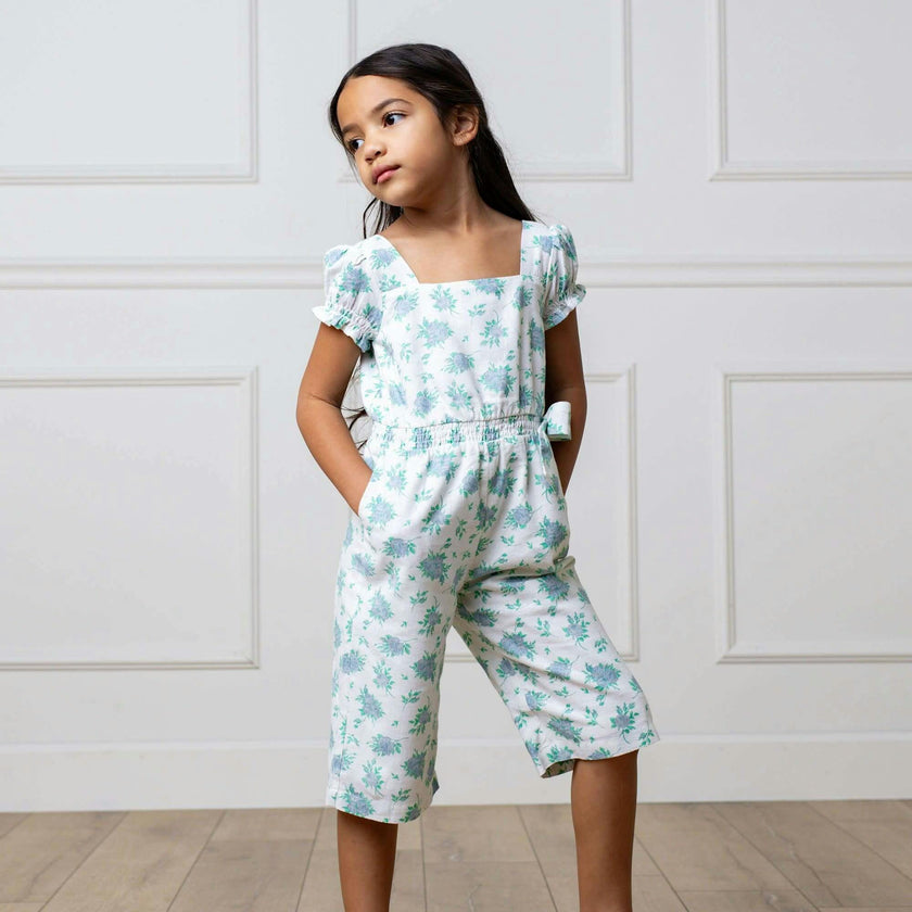 Linen Puff Sleeve Smocked Waist Jumpsuit, Blue