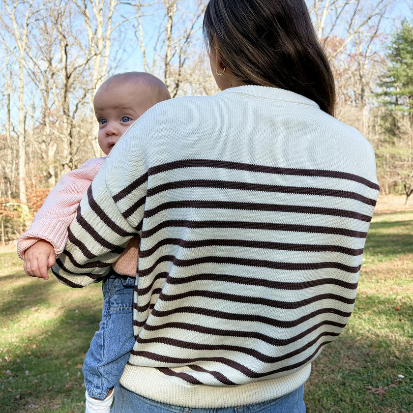 women's cream and brown stripe knit sweater