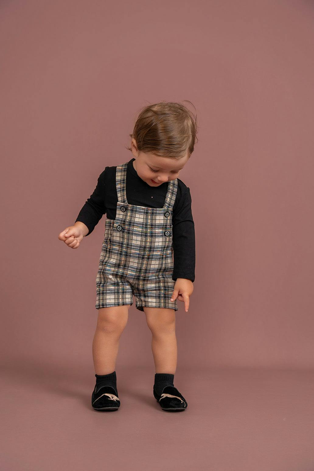 Plaid Strap-Closure Short Overall