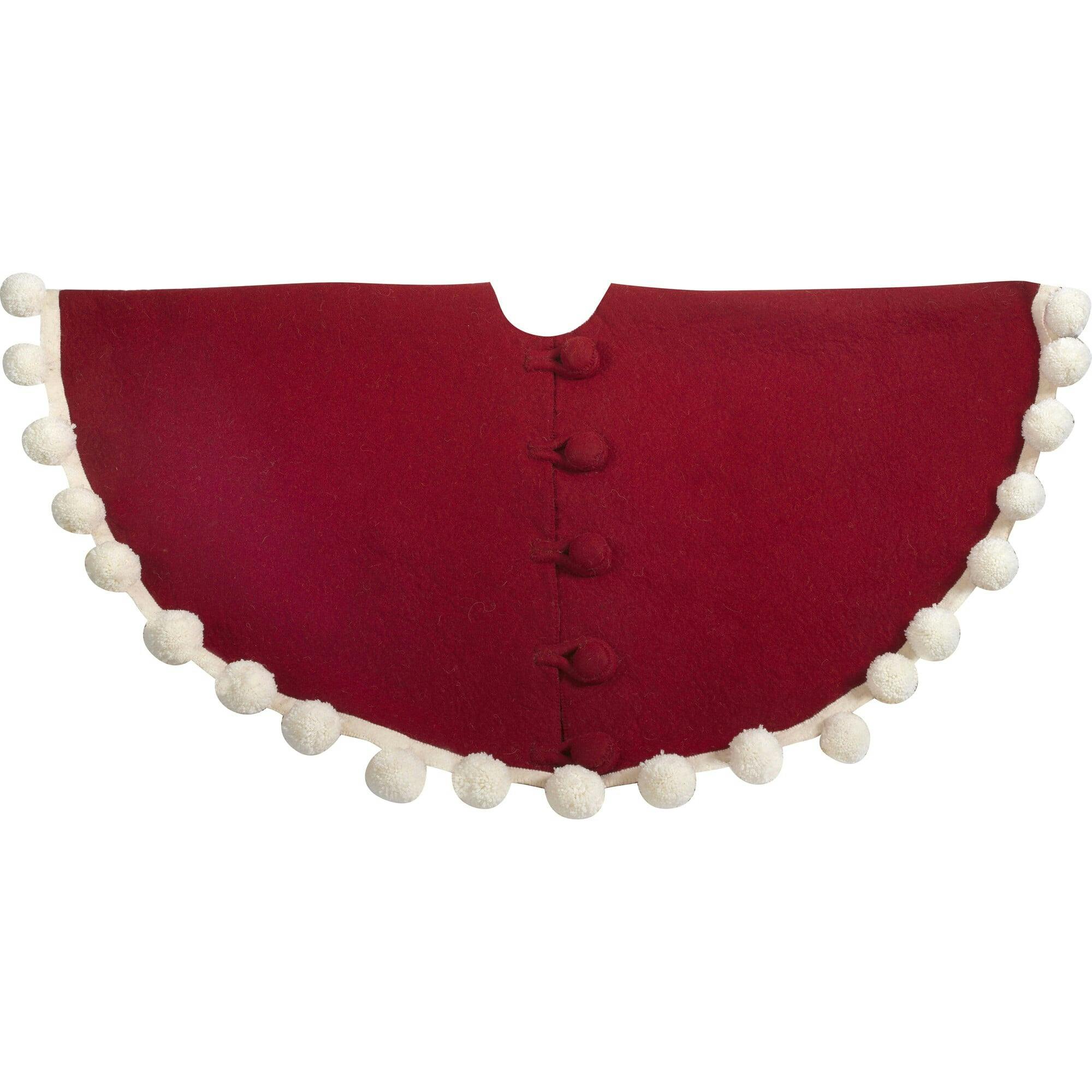 Handmade Christmas Tree Skirt Felt - Pom Poms Red 63