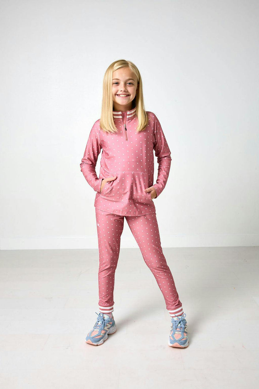 girls dusty pink polka dot retro half-zip