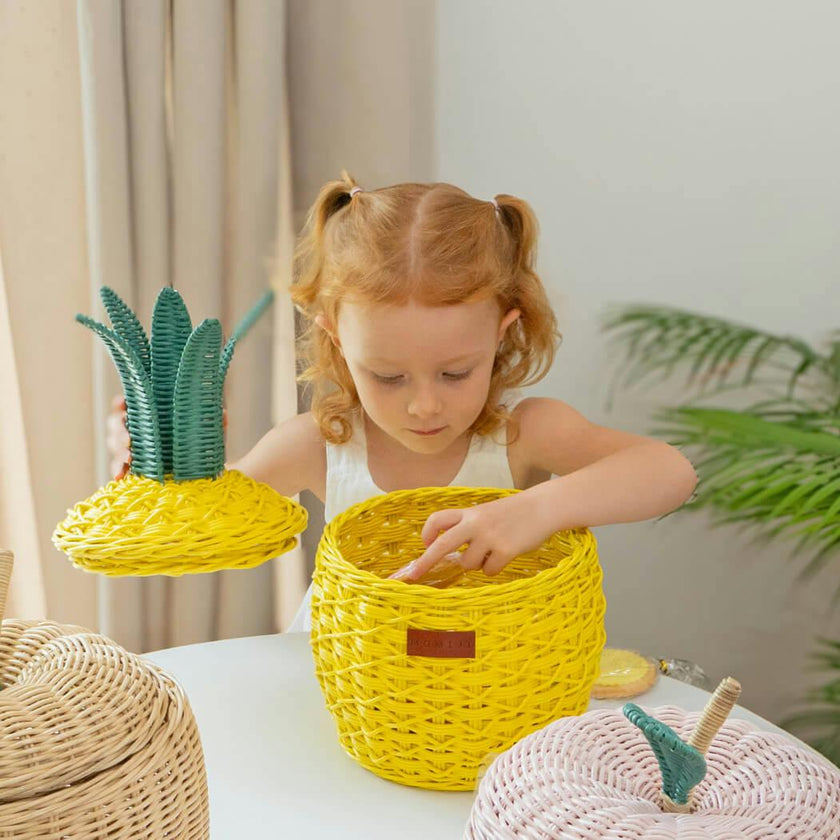 Handcrafted - Pineapple Storage Basket Yellow (Small) - Rattan Wicker