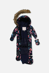 Baby One Piece Snowsuit Adapted For Car Seats Blue Floral Print