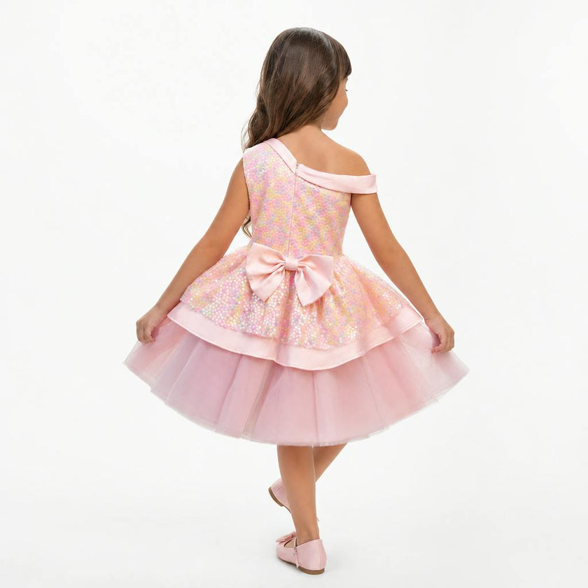 Rosy Bloom Off-Shoulder Sequin Birthday Dress for Girls
