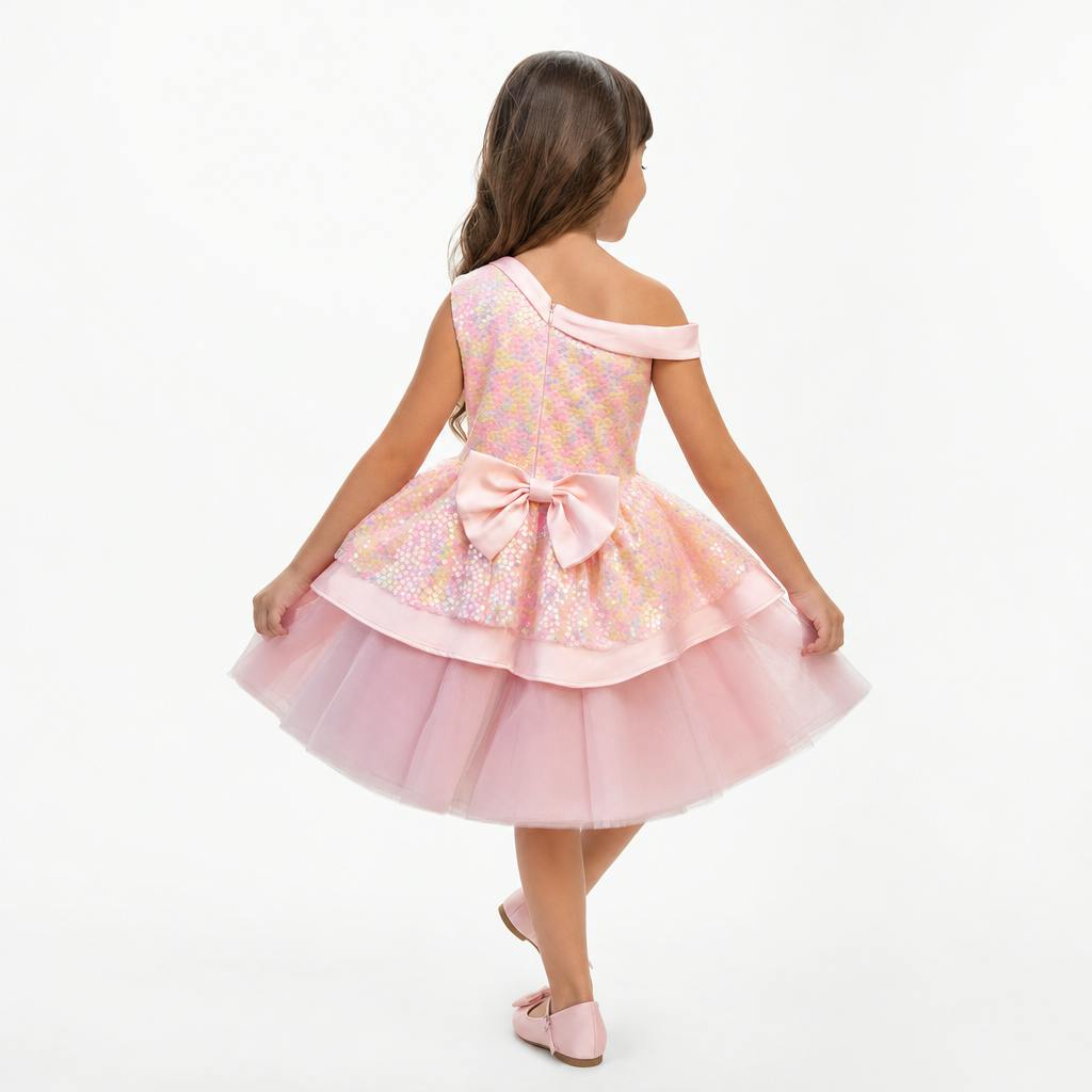 Rosy Bloom Off-Shoulder Sequin Birthday Dress for Girls