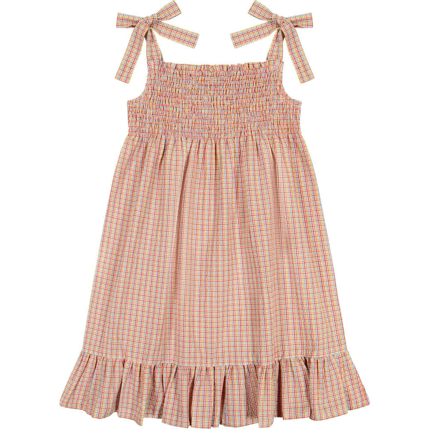 India Smocked Shoulder Tie Sundress, Plaid