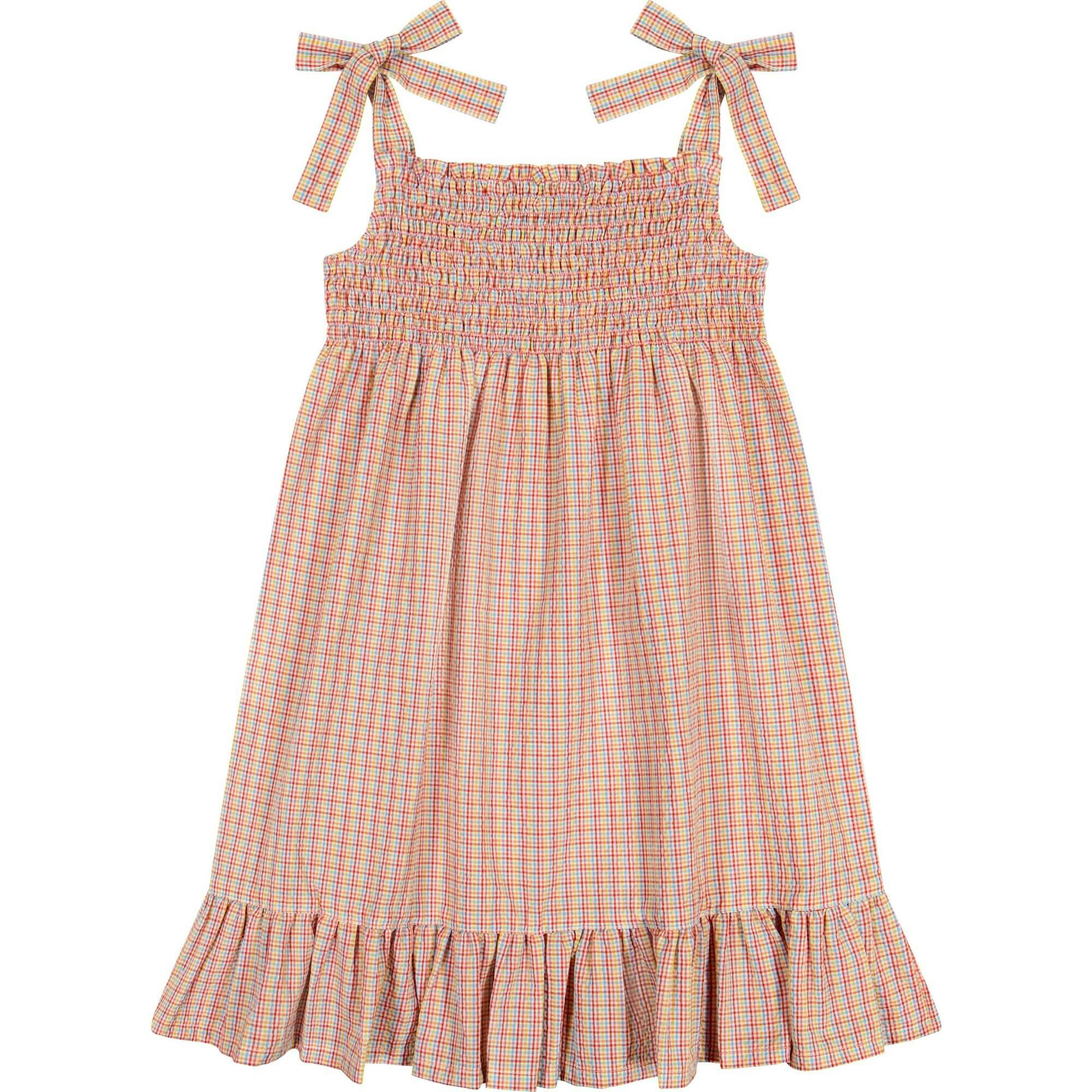India Smocked Shoulder Tie Sundress, Plaid