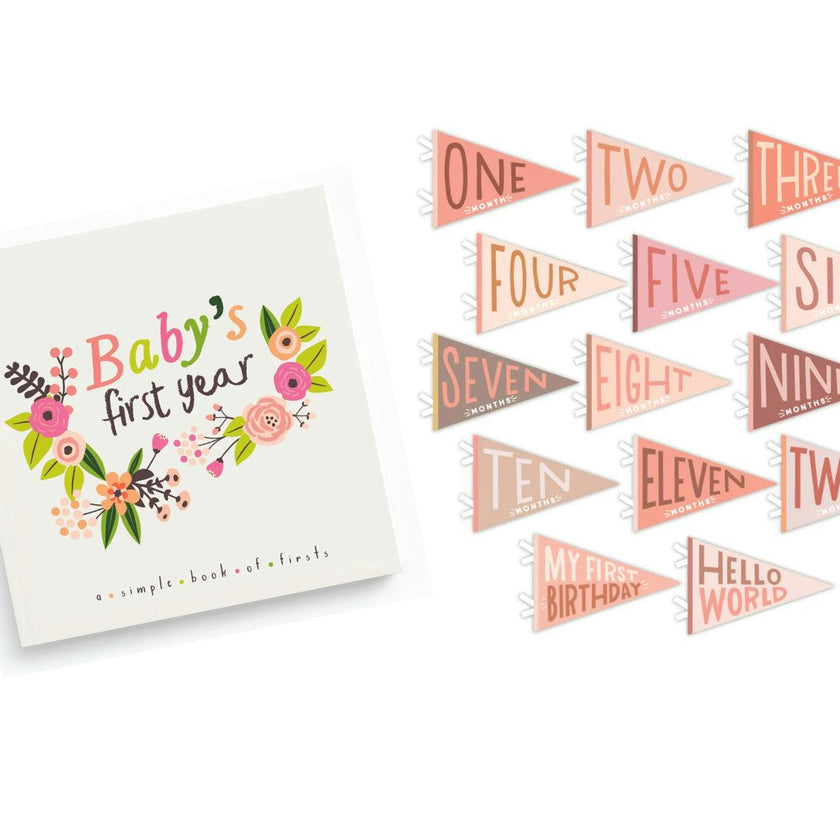Little Artist Memory Baby Book and Blushing Meadow Petit Milestone Pennant Set