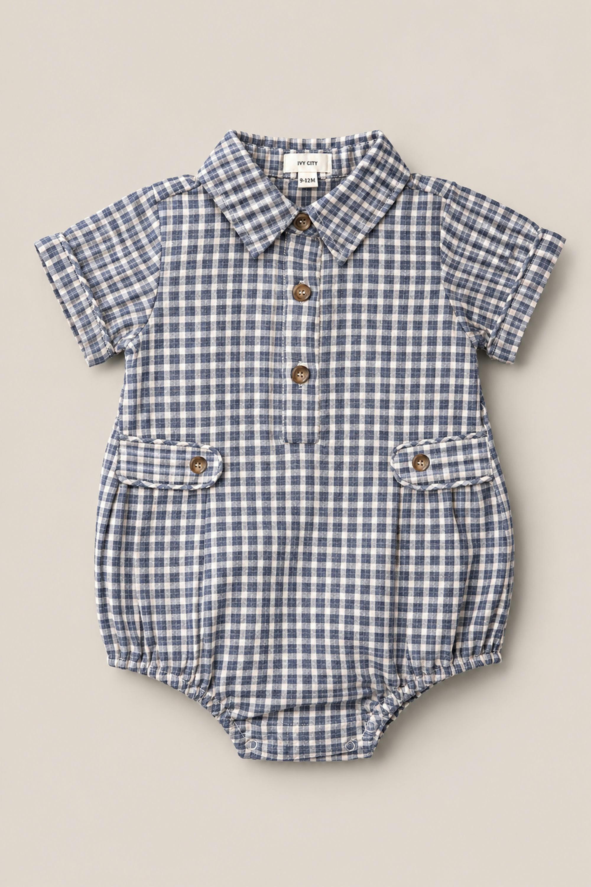 Baby Lucas Romper in Prussian Blue Plaid