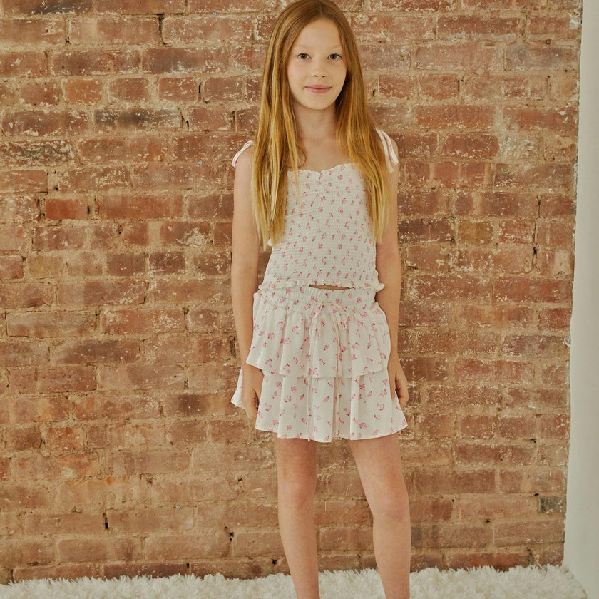 Georgia White With Pastel Pink Ditsy Satin Smocked Top