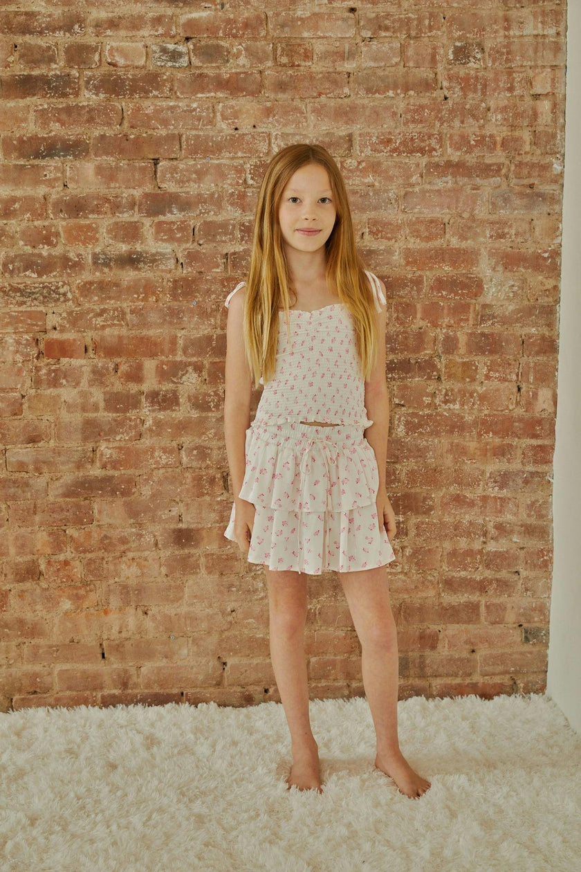 Georgia White With Pastel Pink Ditsy Satin Smocked Top