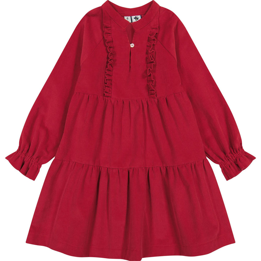 Isabelle Corduroy Ruffle Round Neck Elastic Cuff 2-Tiered Dress