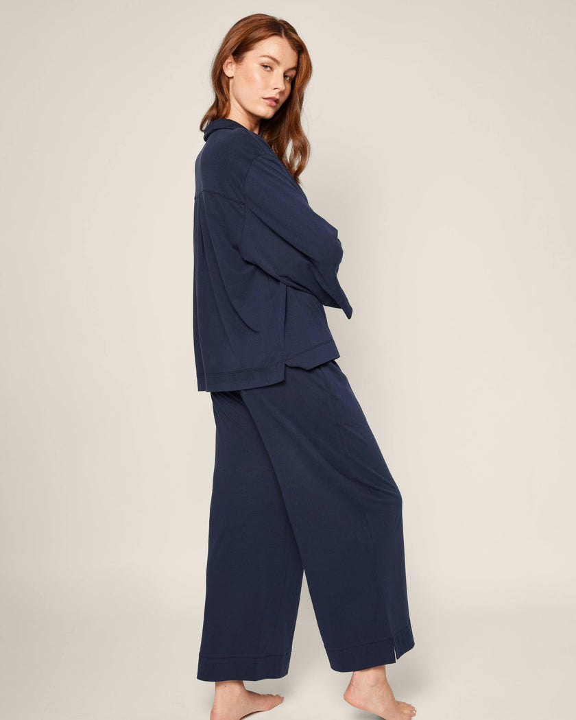The Olivia Wide Leg Pima Pajama Set in Navy