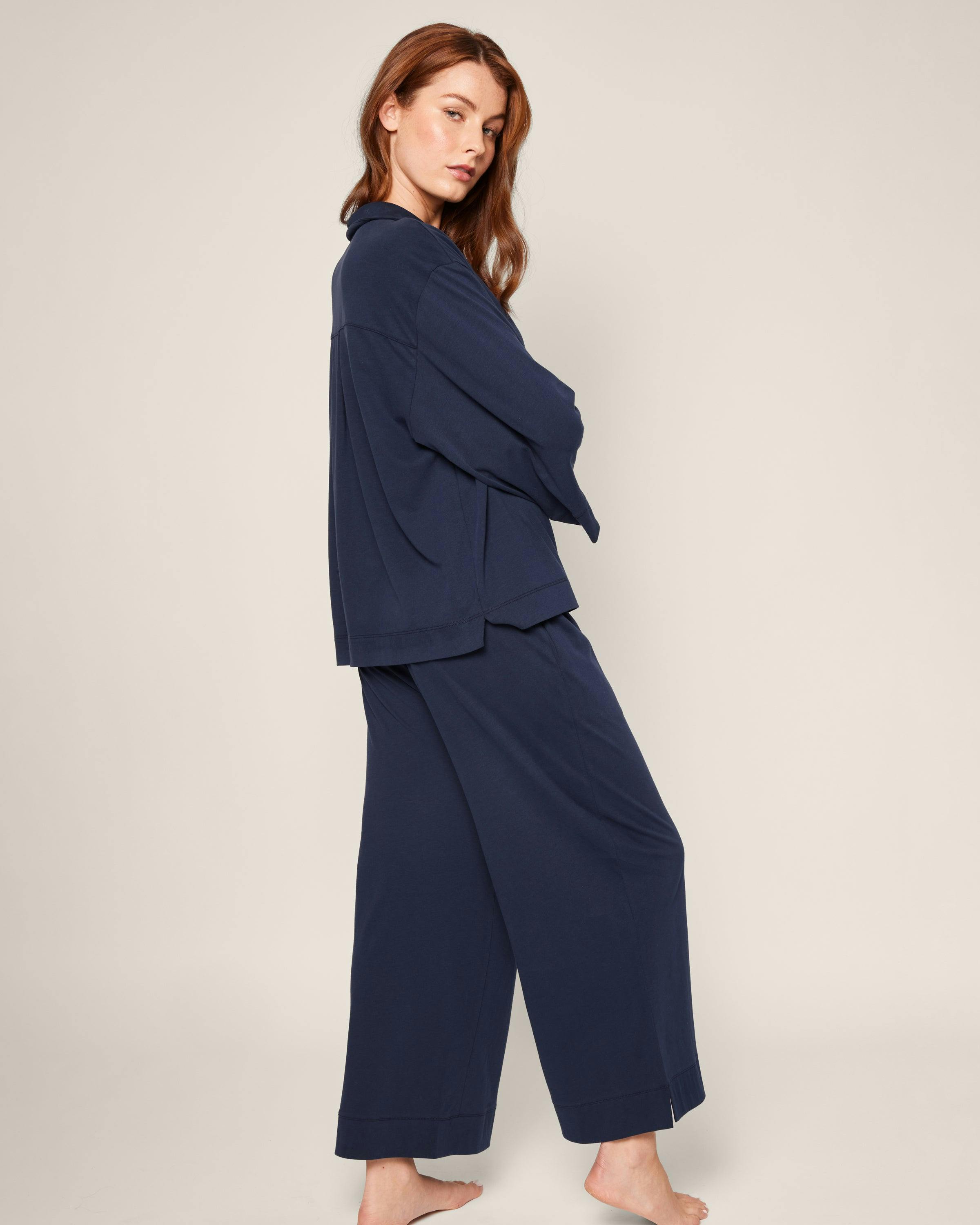 The Olivia Wide Leg Pima Pajama Set in Navy