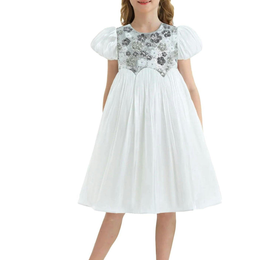 White Sequin Floral Bodice Dress