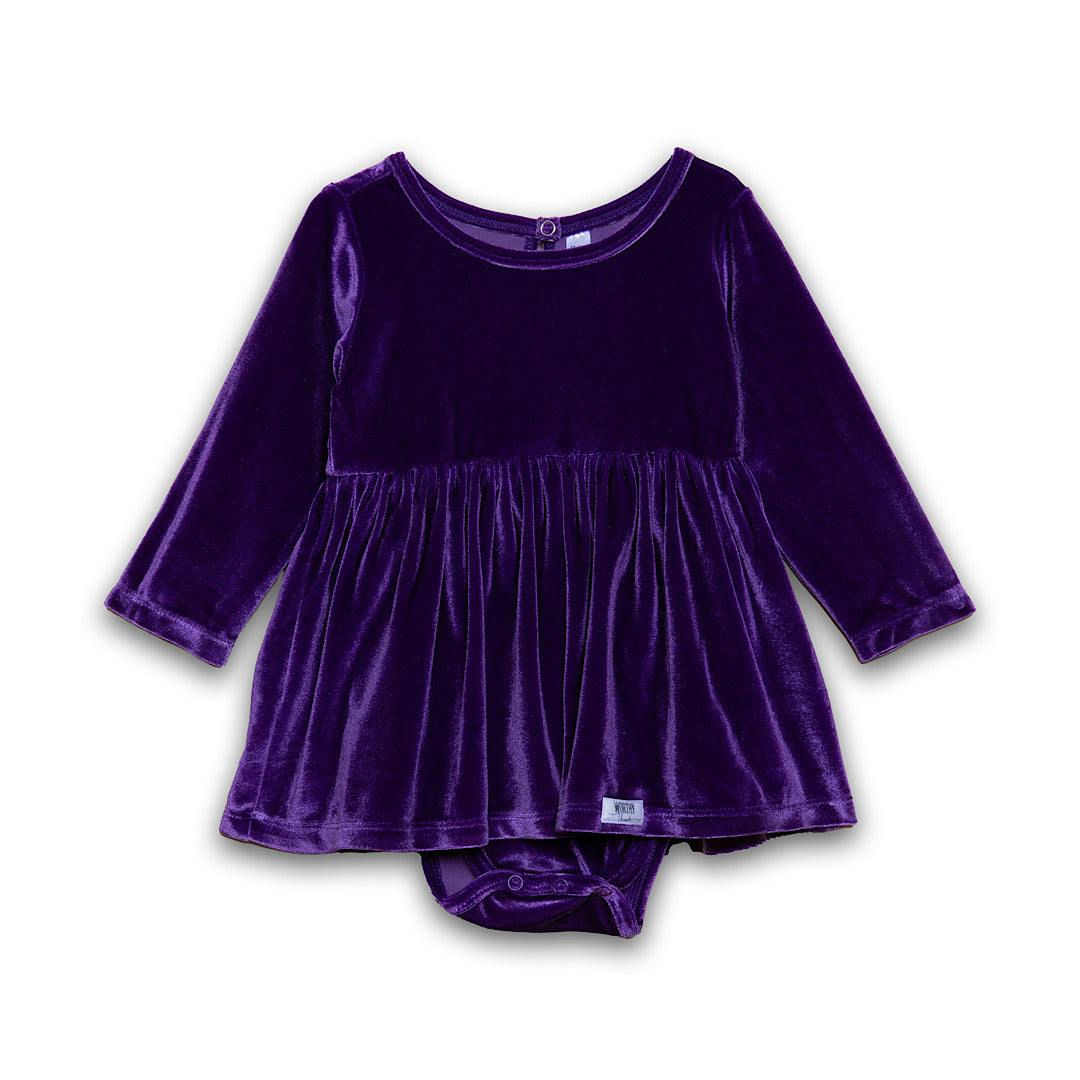 Long Sleeve Bubble Romper in Dark Purple Velvet