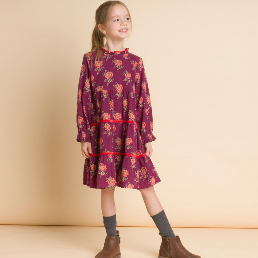 Long Sleeves Tiered Skirt Dress with Velvet Trim