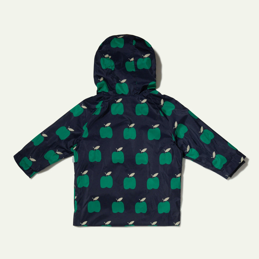 Apple Print Ribbed Cuff Hooded Zipper Raincoat, Blue