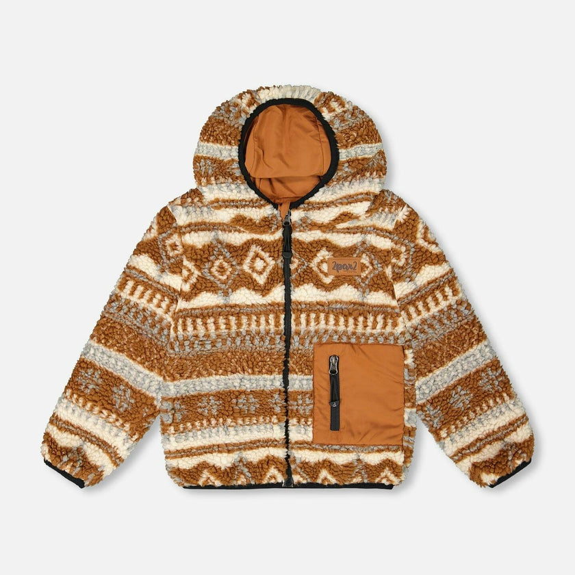 Reversible Mid-Season Sherpa Jacket Brown Aztec Pattern