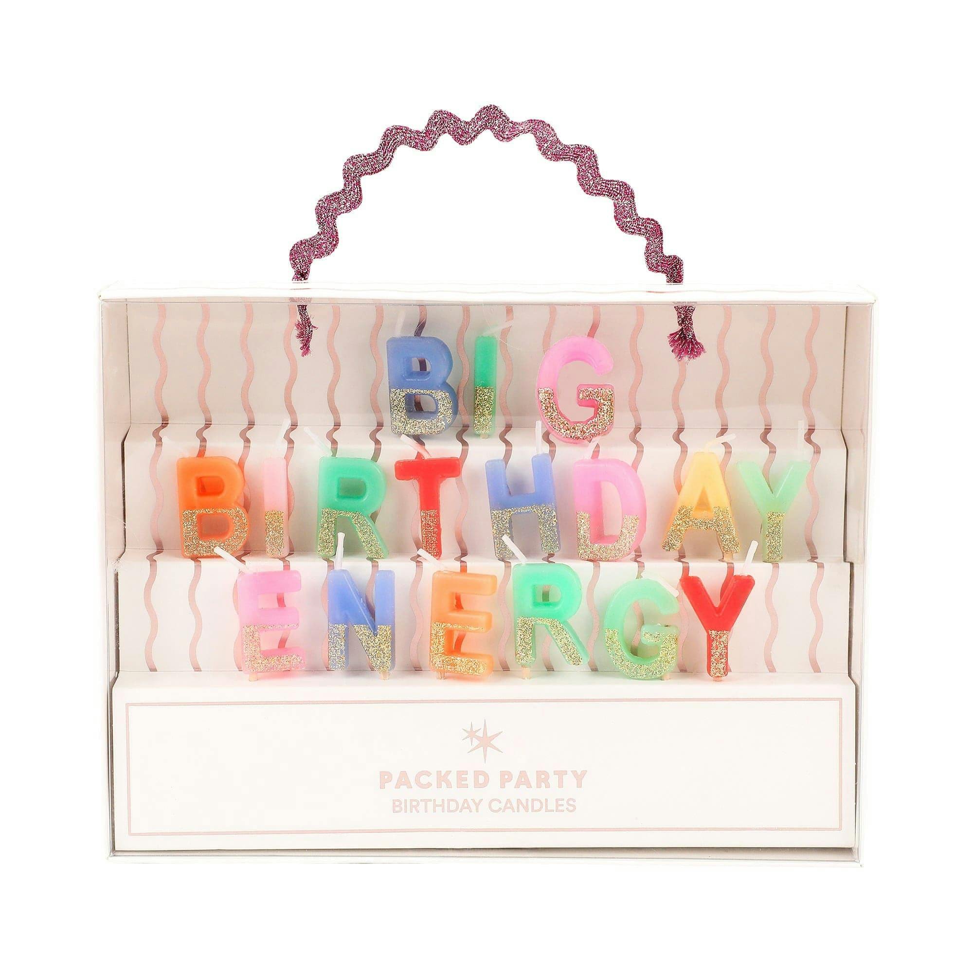 Packed Party Big Birthday Energy Glitter Letter Candle Set - Multicolor Rainbow Alphabet Candles with Gold Glitter Trim, Spell-Out Cake Candles in Gift Box
