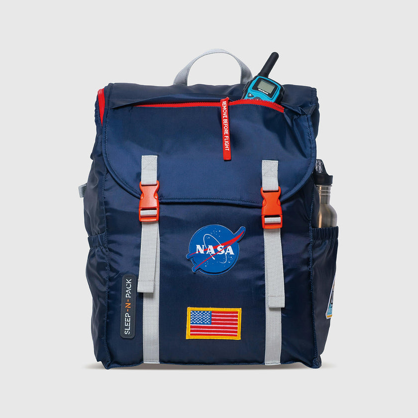 Sleep-N-Pack™ – Big Kid Size | NASA Official Logo & Patches | 2-in-1 Backpack & Sleeping Bag with Cozy Fleece Liner - NAVY