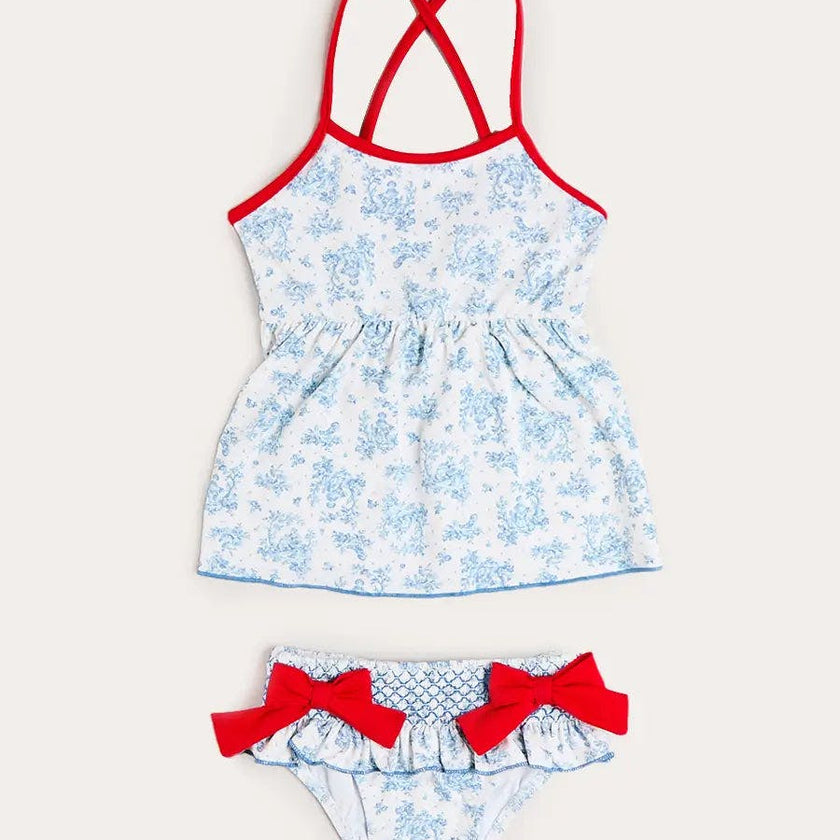 Audrey Toile Bow Detail Smocked Two Piece Swimsuit in Blue (12mths- 10yrs)