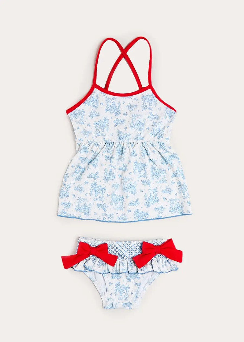 Audrey Toile Bow Detail Smocked Two Piece Swimsuit in Blue (12mths- 10yrs)