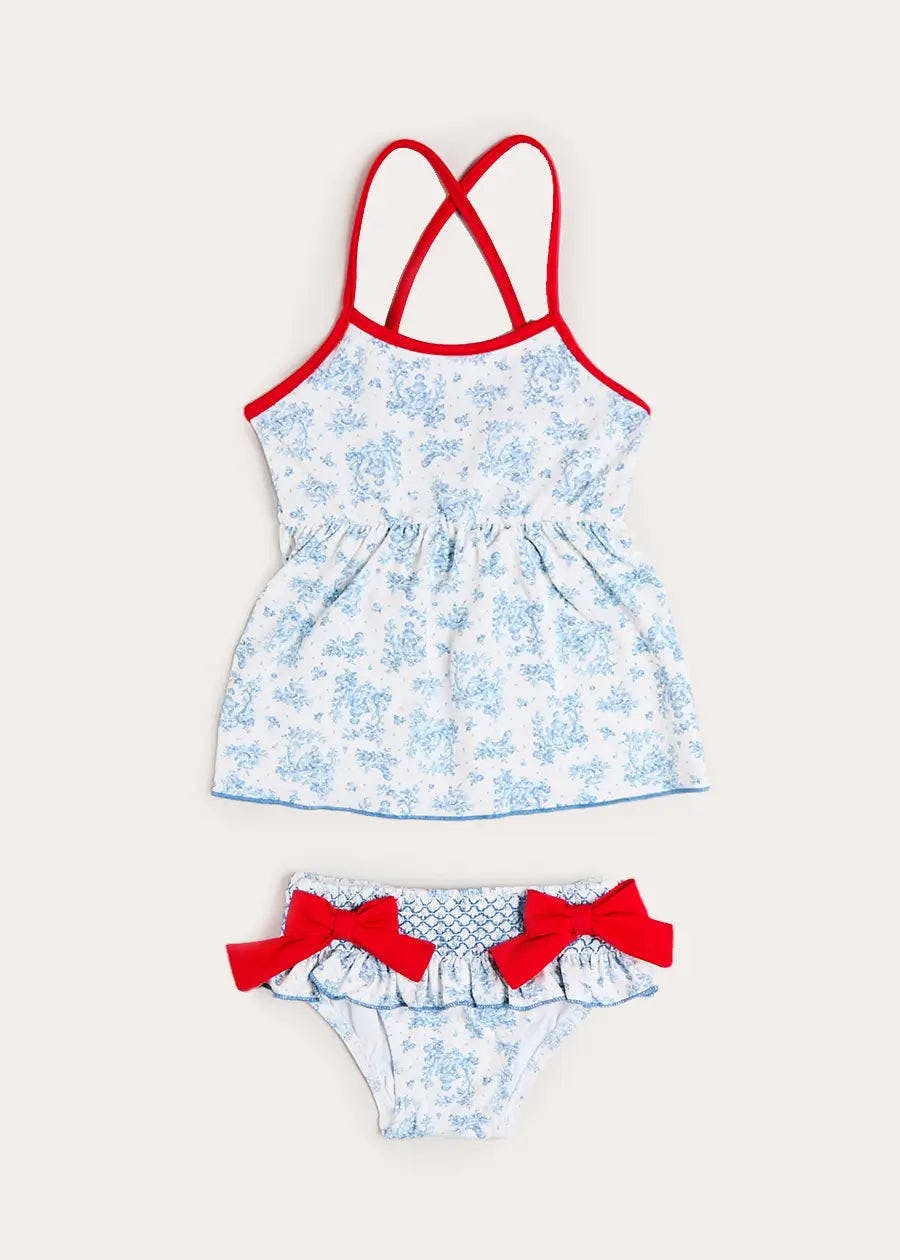 Audrey Toile Bow Detail Smocked Two Piece Swimsuit in Blue (12mths- 10yrs)