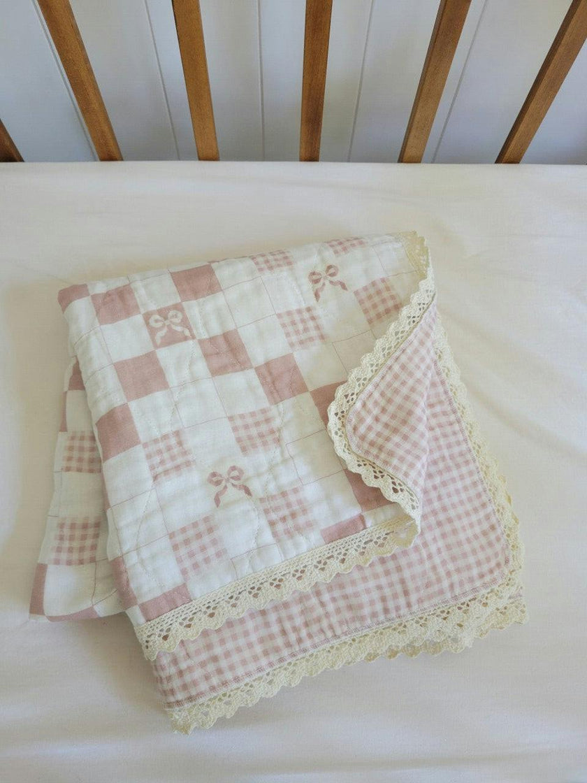 Pink Bows and Gingham QUILTED 6 Layer Gauze Blanket
