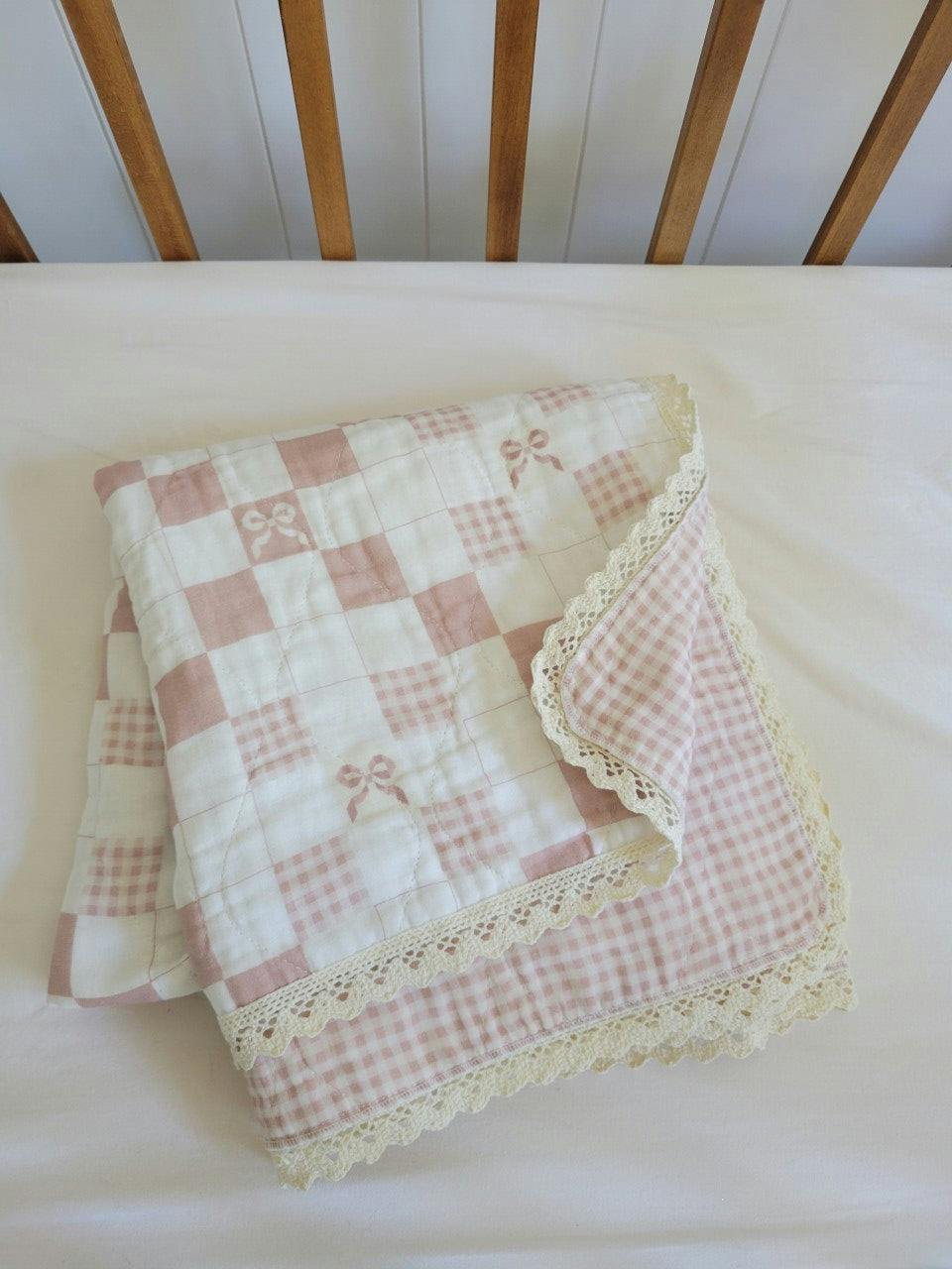Pink Bows and Gingham QUILTED 6 Layer Gauze Blanket