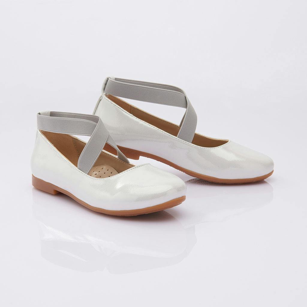 Perla Girls White & Grey Satin Ballerina Flats