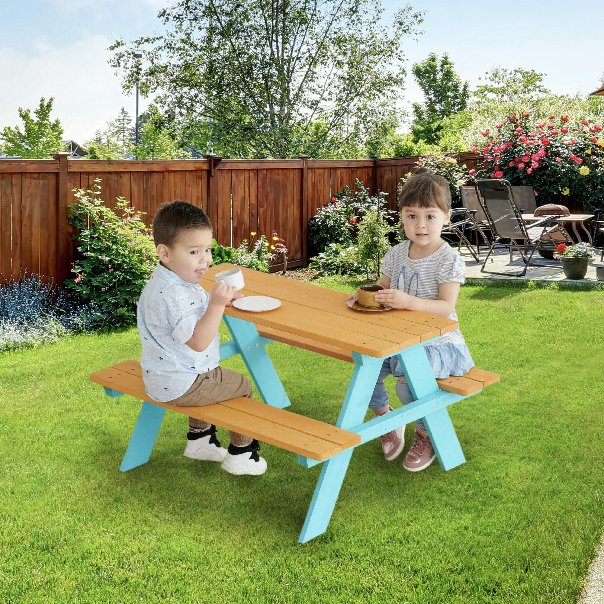 Outdoor Picnic Table & Chair Set - Wood / Petrol
