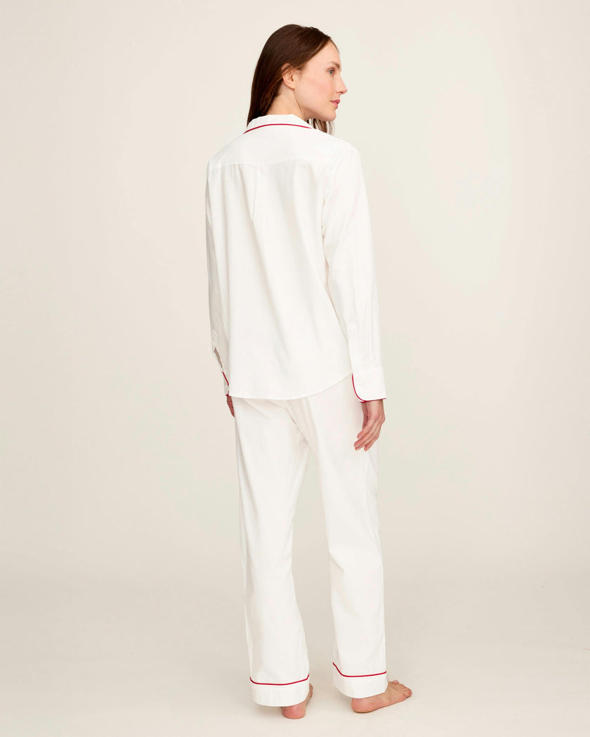 Women's Twill Pajama Set in White with Red Piping