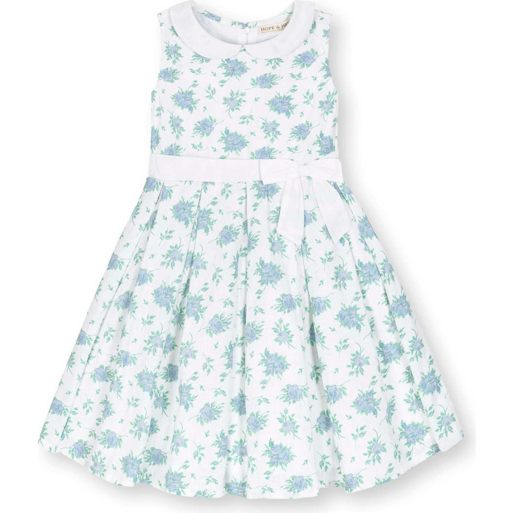 Linen Sleeveless Peter Pan Collar Tea Dress with Waist Sash, Blue