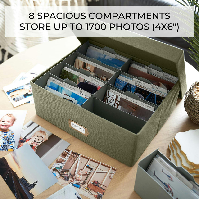Decorative Photo Storage Box - Sturdy Linen Photo Organizer with Dividers - Stores Up to 850 4x6 Photos - Portable Scrapbook Storage Container with Lid