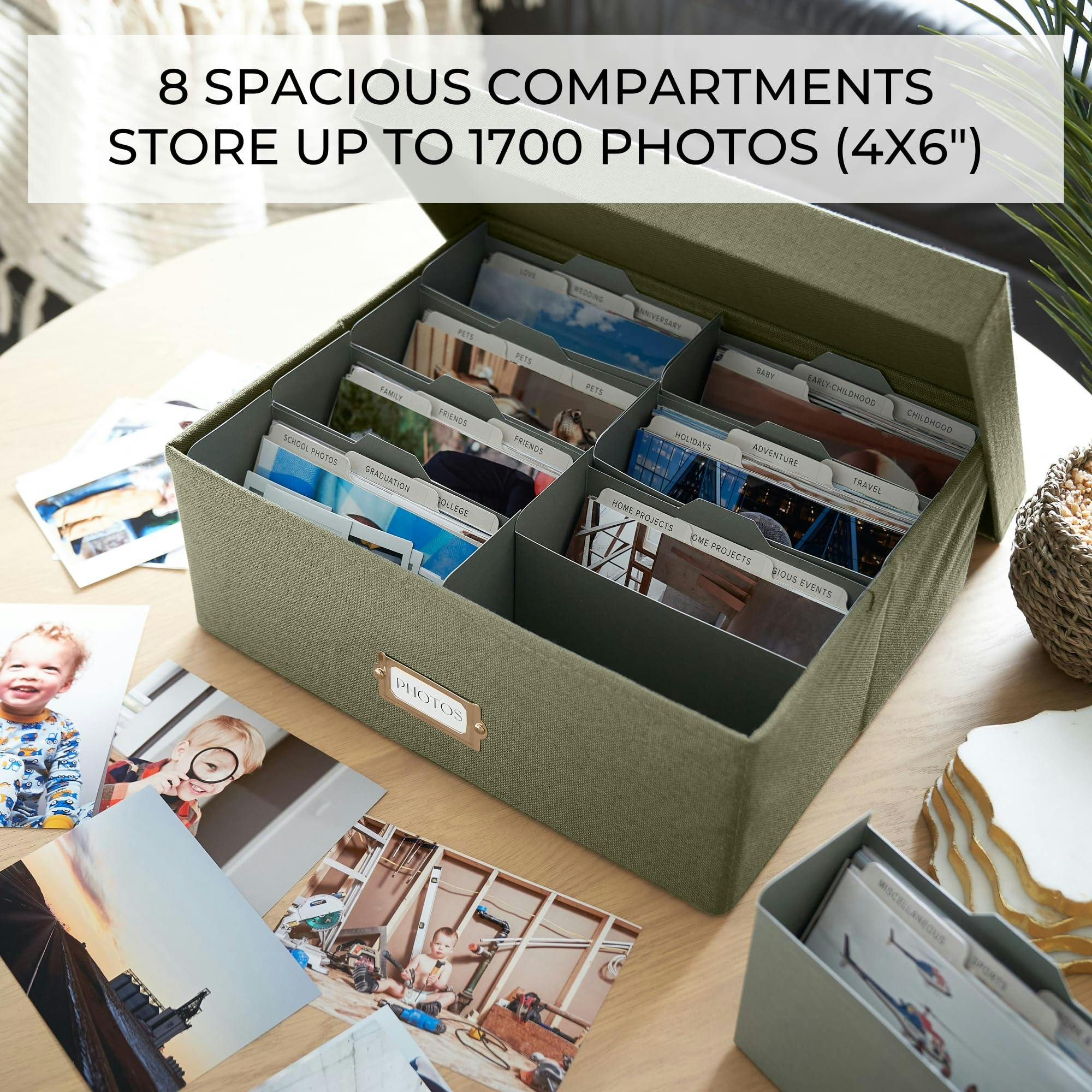 Decorative Photo Storage Box - Sturdy Linen Photo Organizer with Dividers - Stores Up to 850 4x6 Photos - Portable Scrapbook Storage Container with Lid