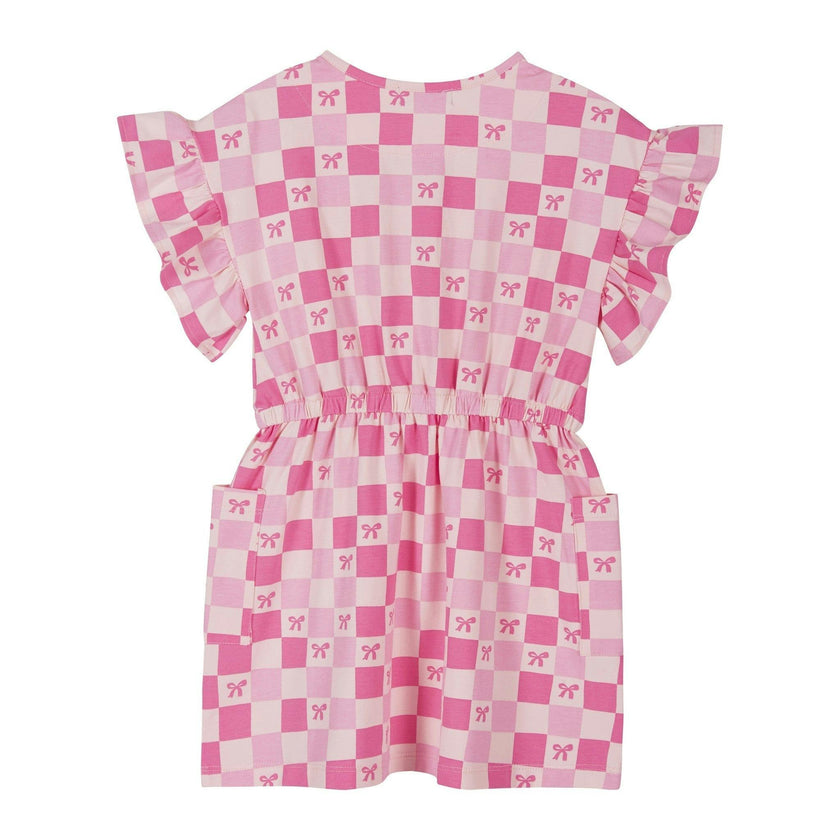 Girls Printed Jersey Dress W. Ruffle Sleeve | Pink Checker