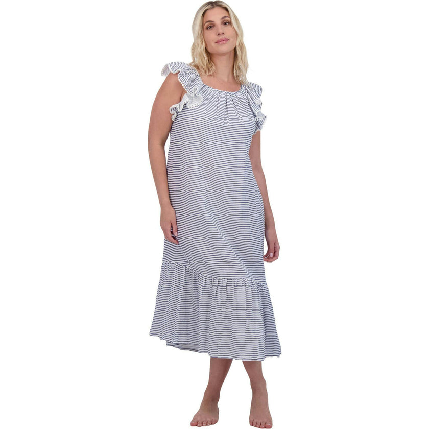 Eva Women's Ruffle Sundress Marine Stripe, Blue