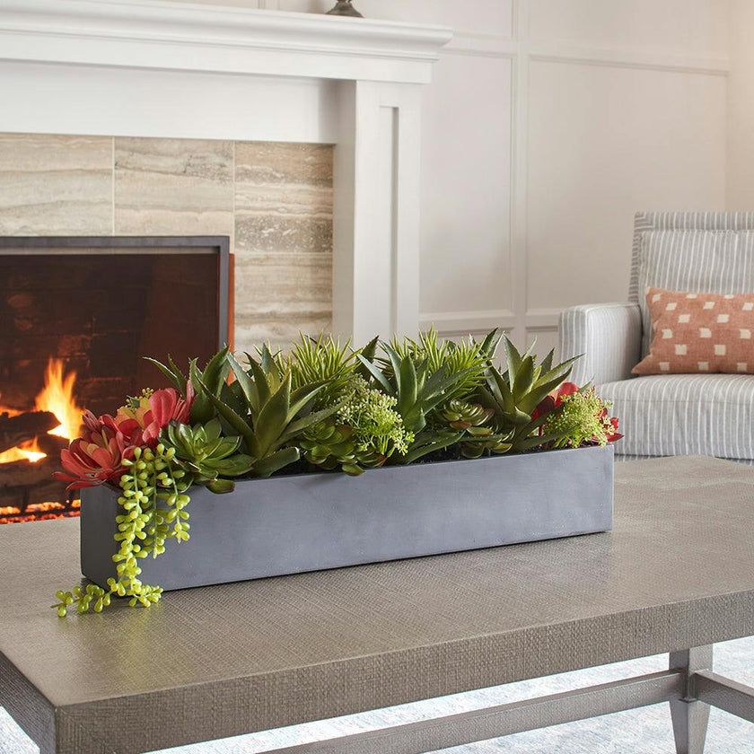 Rectangular Artificial Succulent Arrangement, Gray Planter