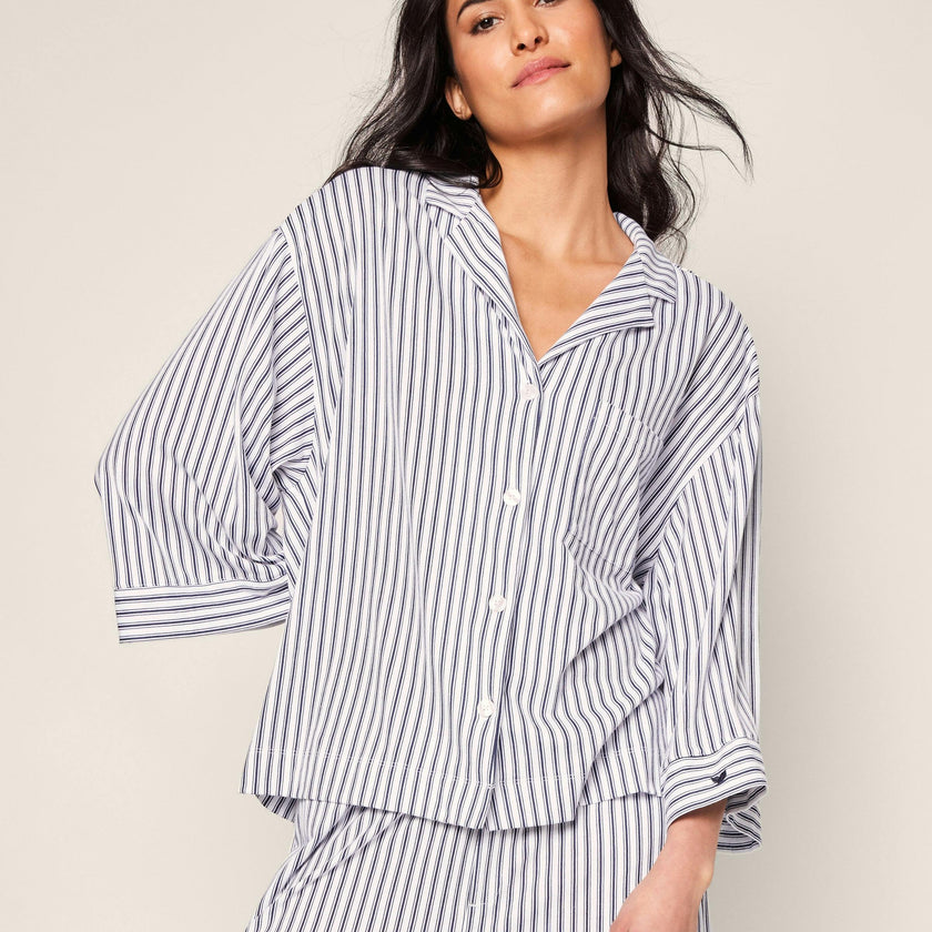 The Olivia Wide Leg Pima Pajama Set in Navy French Ticking