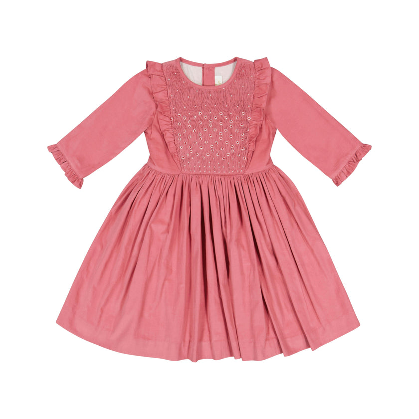 Angele Pink Corduroy Long Sleeve Smocked Dress