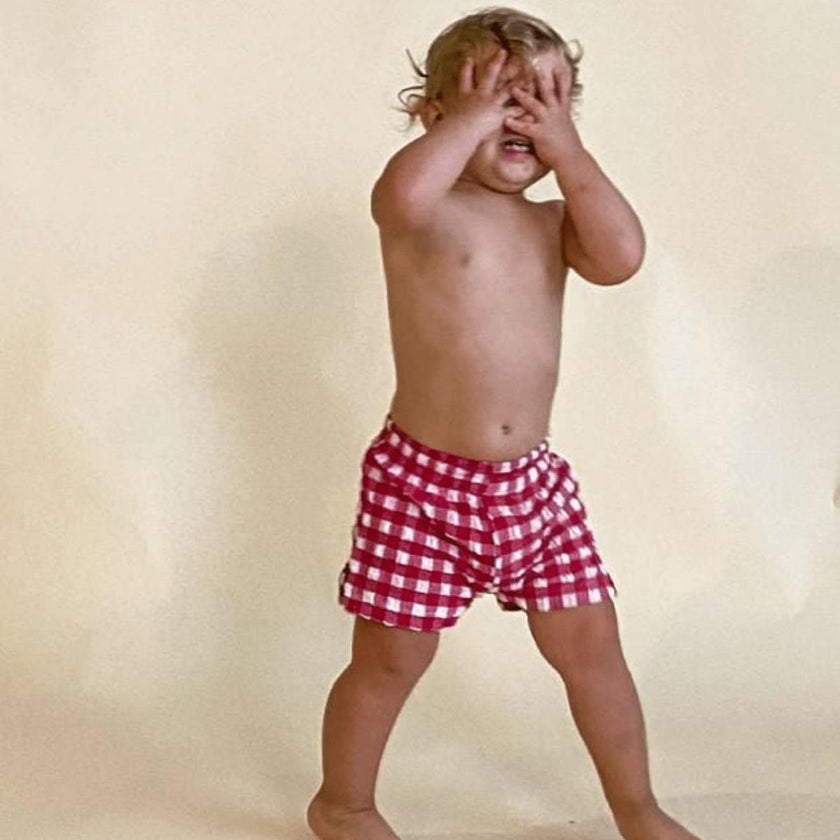Red Gingham Mini Boardshort, Red