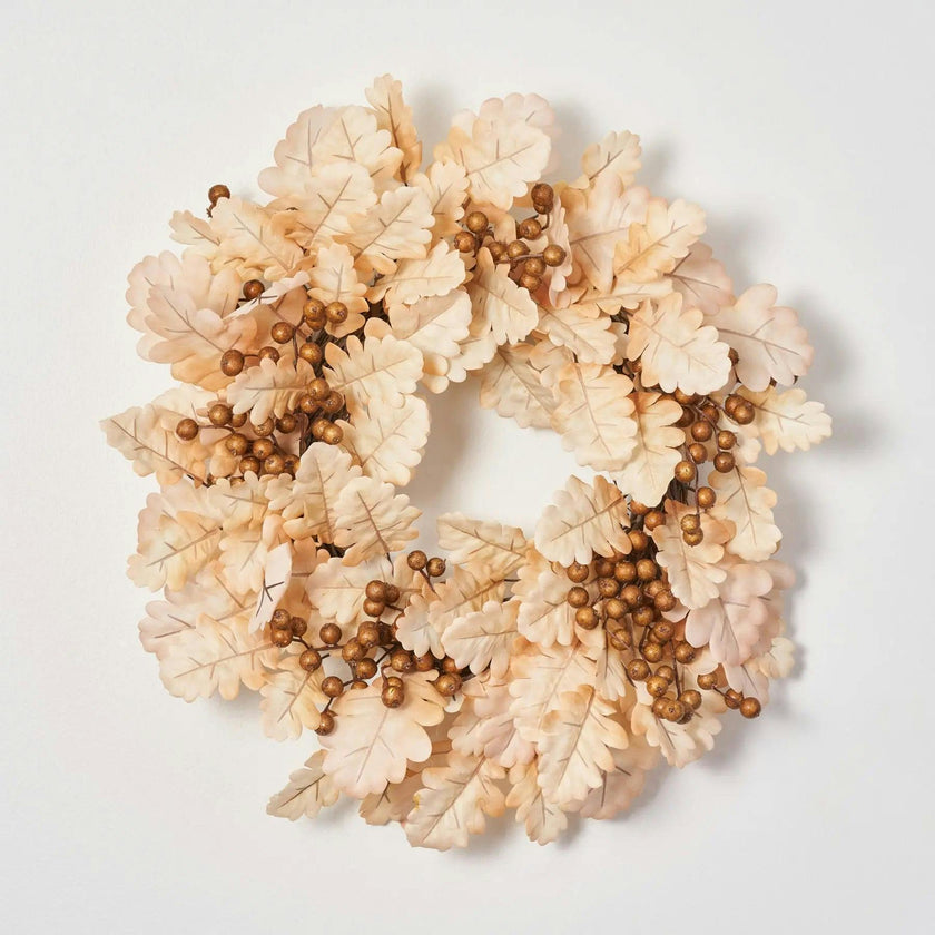 Bleached Cream Oak Leaf & Toffee Brown Berry Fall Wreath