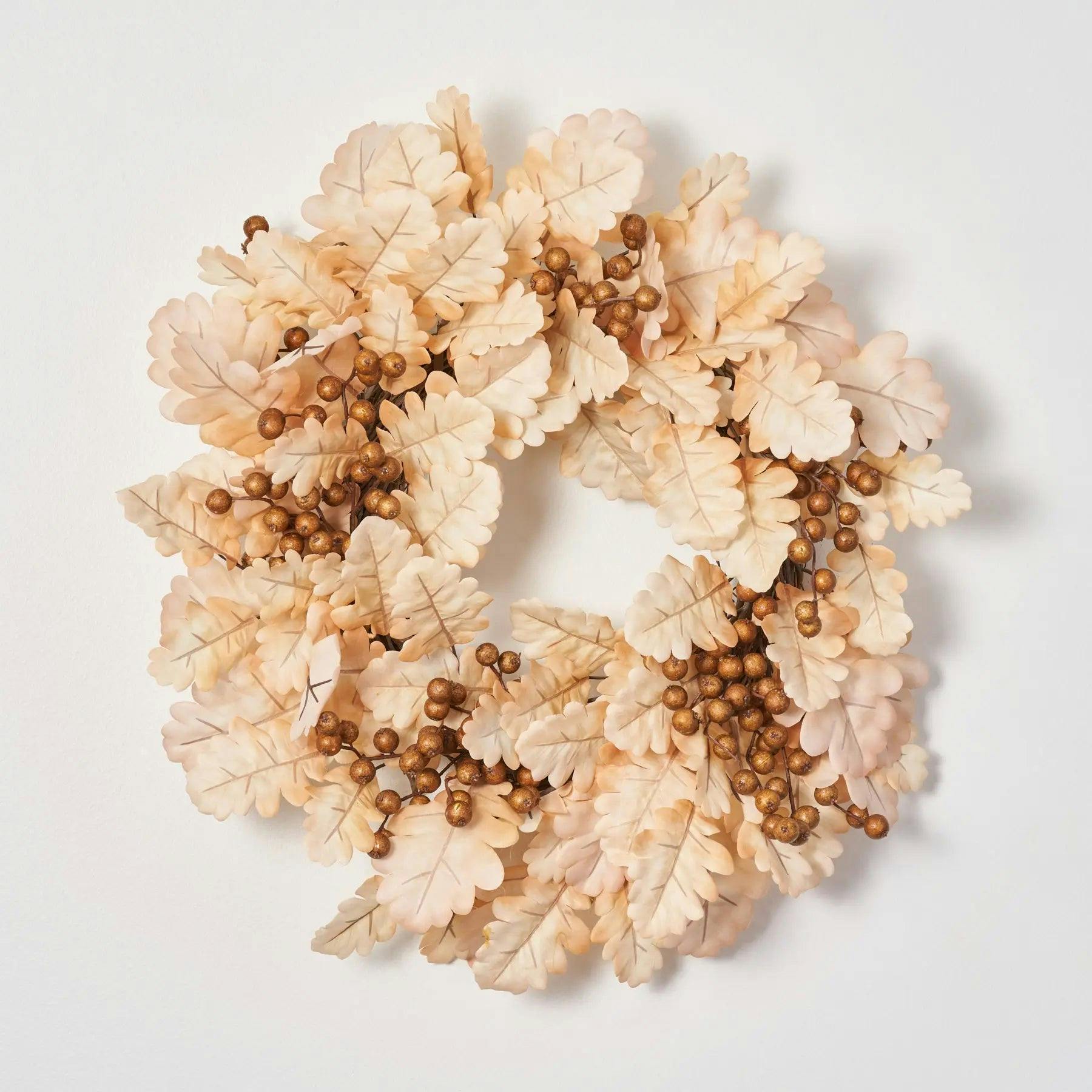 Bleached Cream Oak Leaf & Toffee Brown Berry Fall Autumn Mantel Front Door Wreath