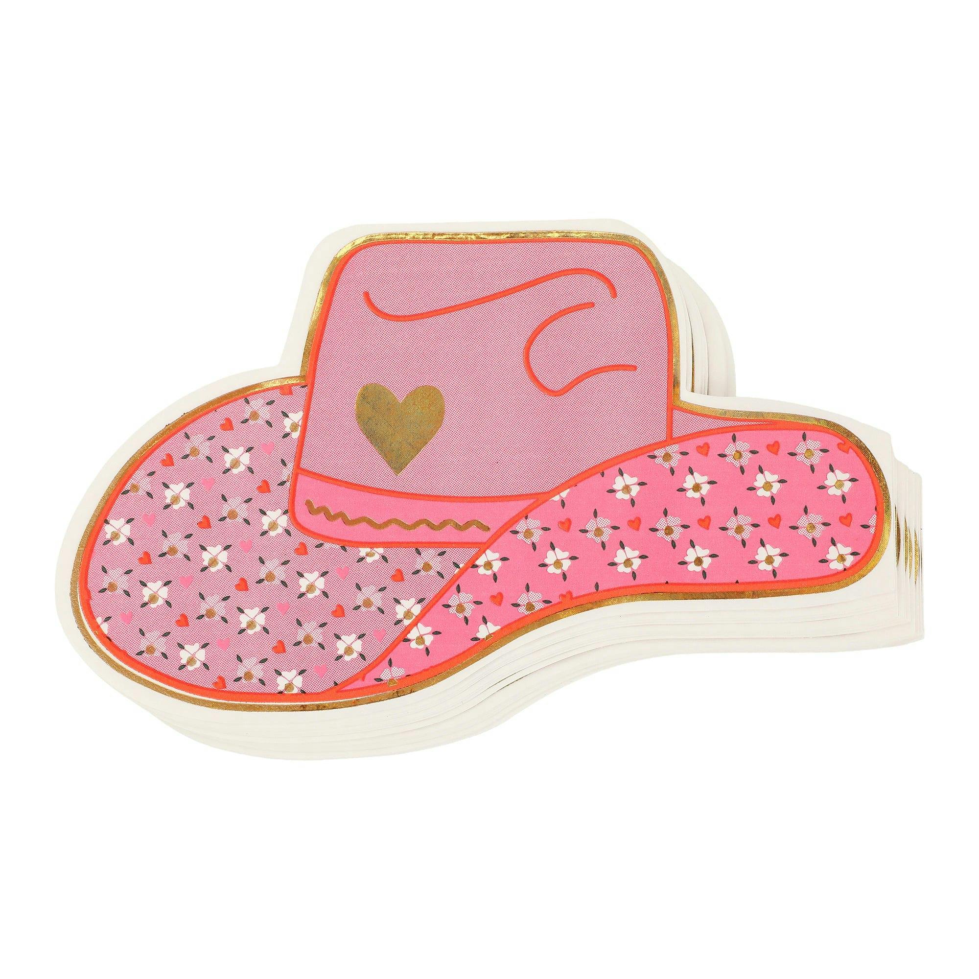 Packed Party Hey Cowgirl Die-Cut Cowboy Hat Dessert Napkins 20ct - Gold Foil Pink Hat-Shaped 3-Ply Napkins for Western Parties